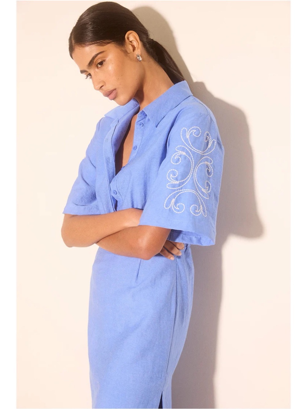 MON RENN Zahra Embroidered Midi Dress Oasis Blue, NWT